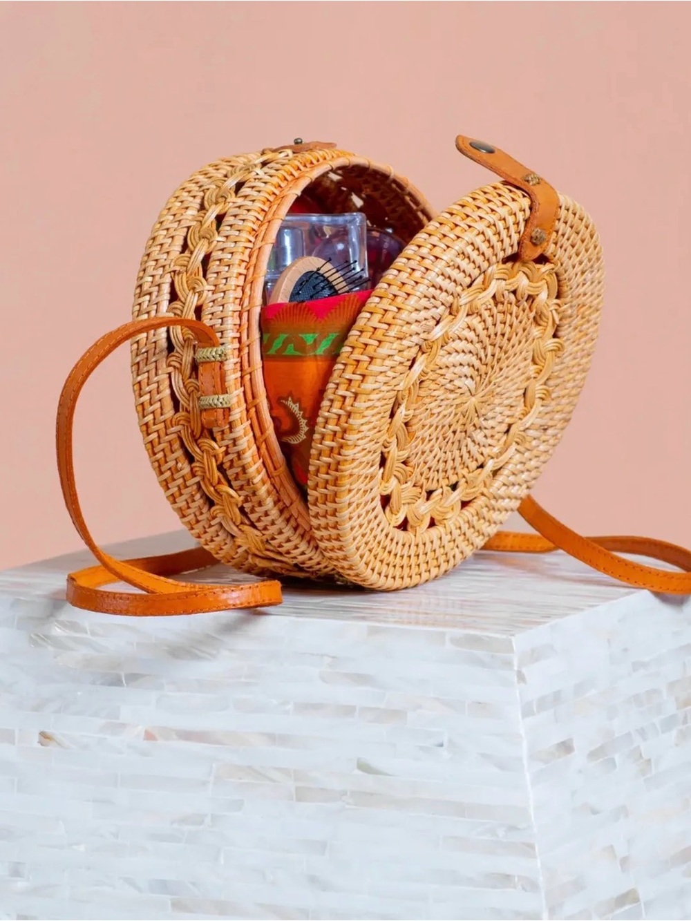 Amerii - Woven Round Rattan Crossbody Bag in Tan